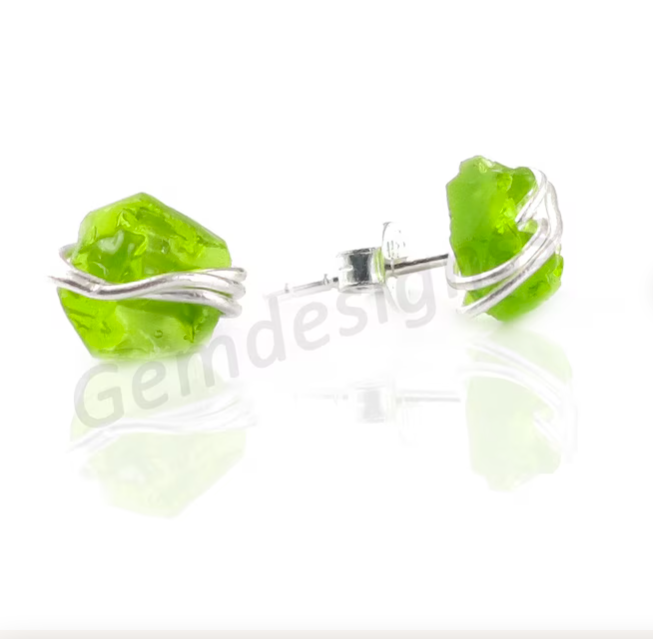 Raw Moldavite Gemstone Wire Wrapped Stud Earrings