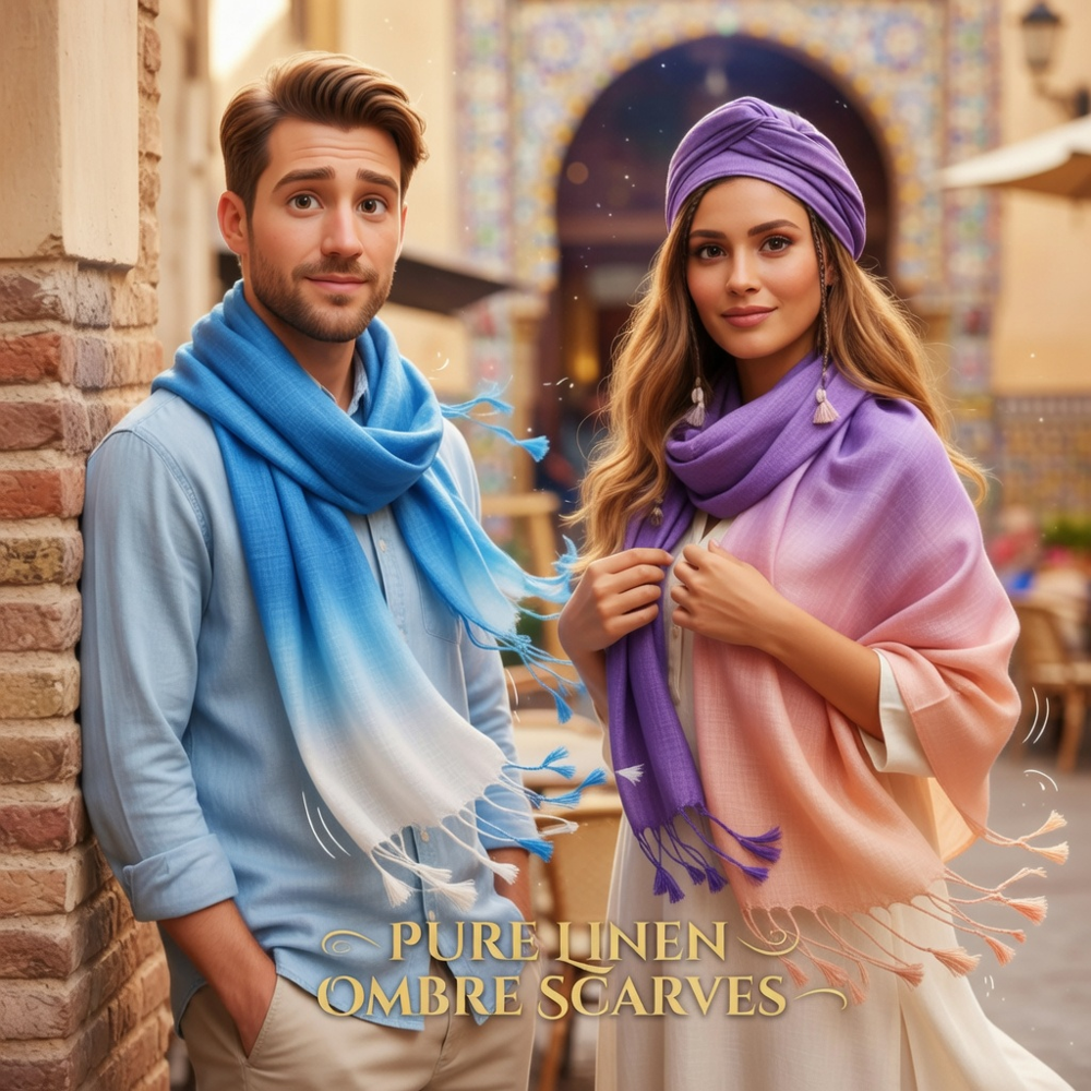 Pure Linen Ombre Shaded Scarves With Tassels