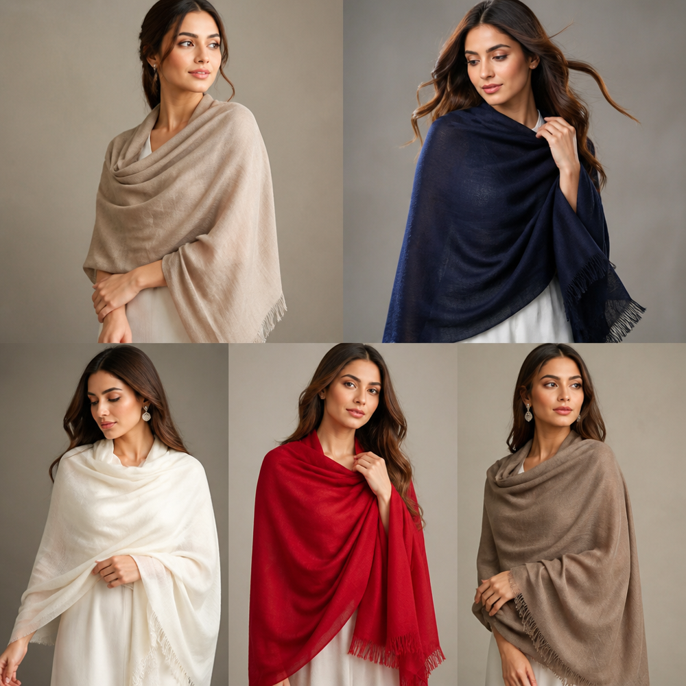 Poly Wool Blended Self Jacaurd Dyed Shawls - Color: Assortted