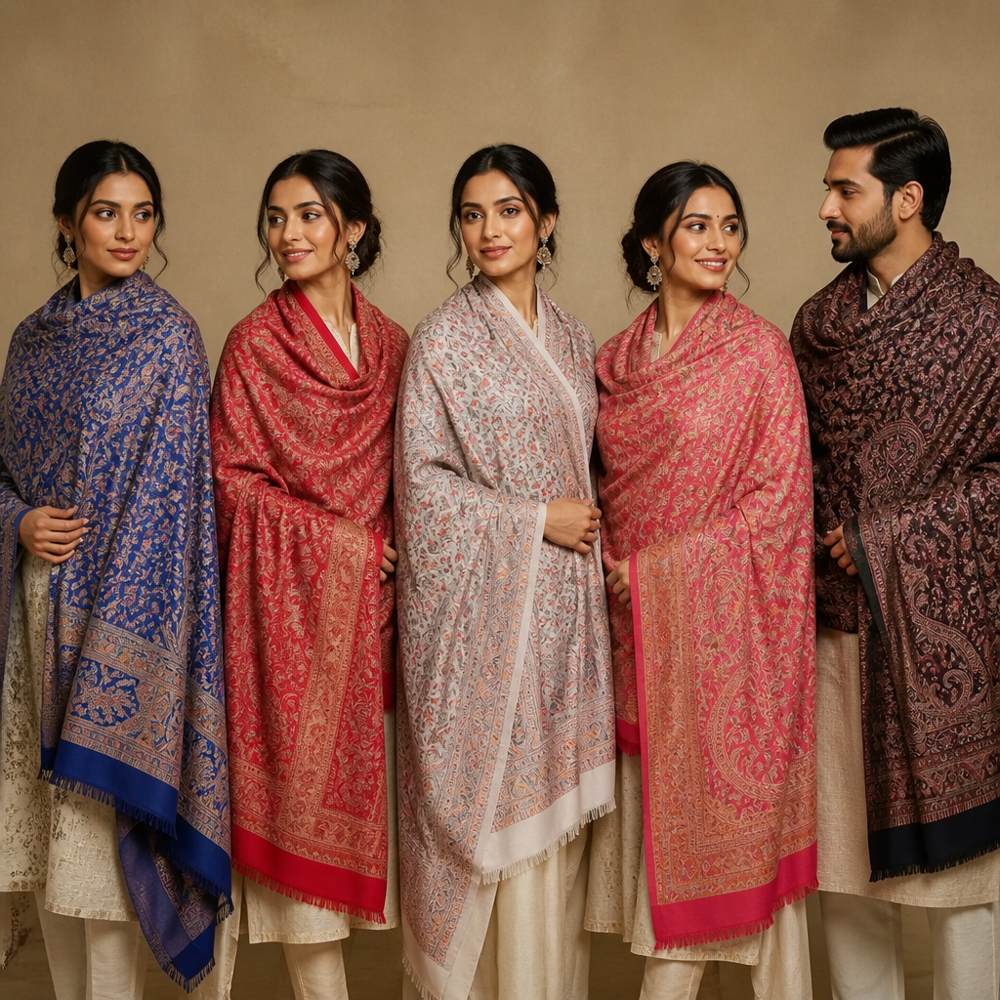 Poly Wool Jamawar Shawls - Color: Assortted