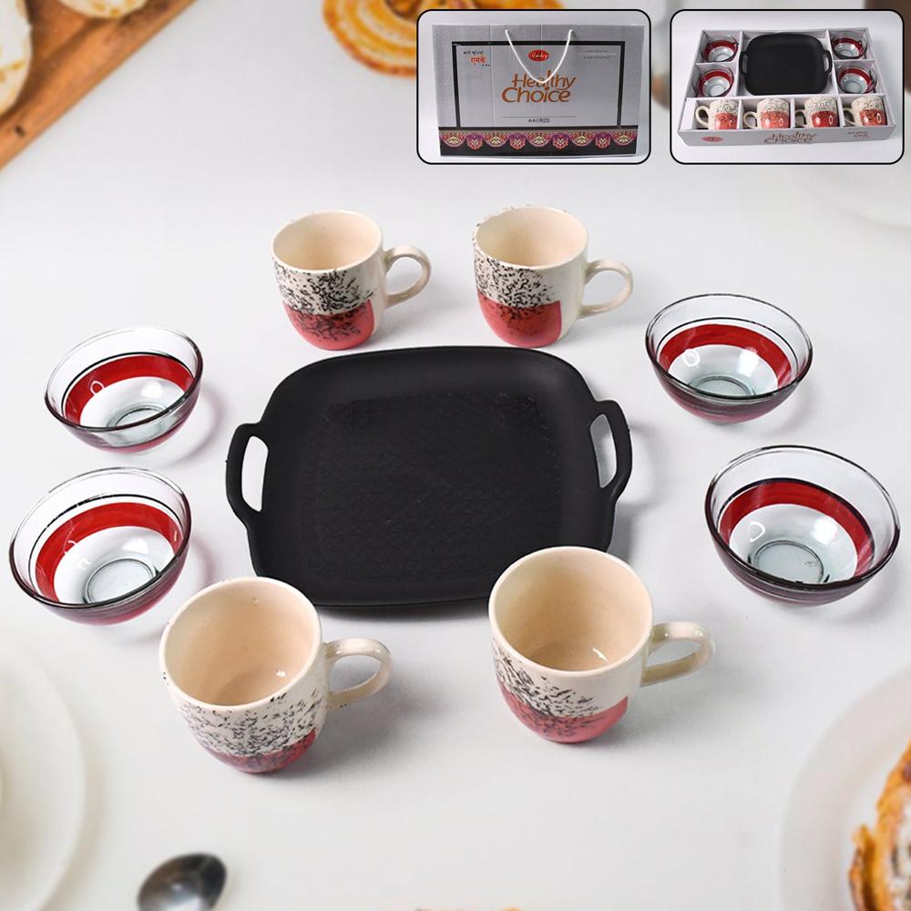 Set Of Ceramic Cup 4Pc And Glass Bowl 4Pc With Plastic Plate (9 Pcs Set) - Color: Mix