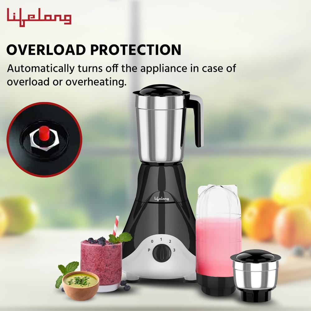 Lifelong Mixer Grinder for Kitchen - 4 Jars 500 Watt Mixie - 2 Nutri bullet Jars for Smoothie & Blending, Chutney Jar & Liquidizing Jar used as Wet Grinder & Blender - Stainless Steel Blades (LLMG39)
