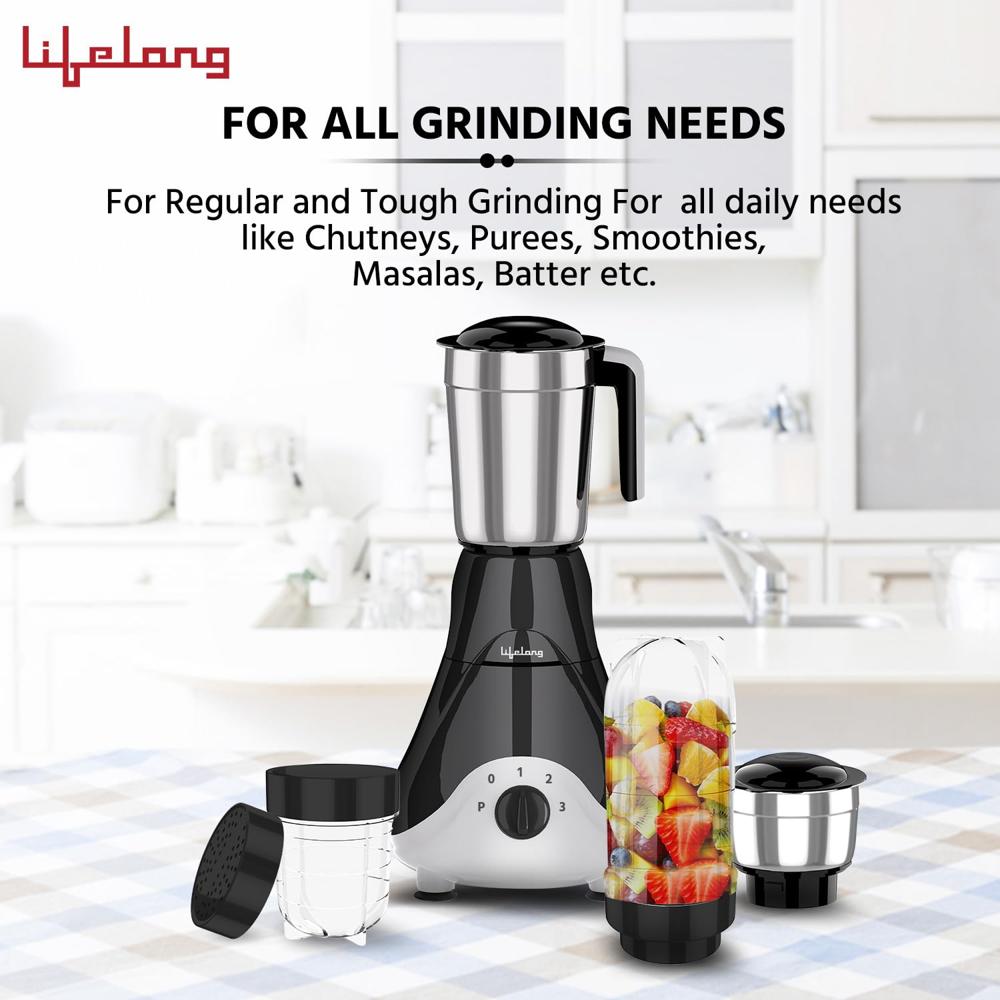Lifelong Mixer Grinder for Kitchen - 4 Jars 500 Watt Mixie - 2 Nutri bullet Jars for Smoothie & Blending, Chutney Jar & Liquidizing Jar used as Wet Grinder & Blender - Stainless Steel Blades (LLMG39)