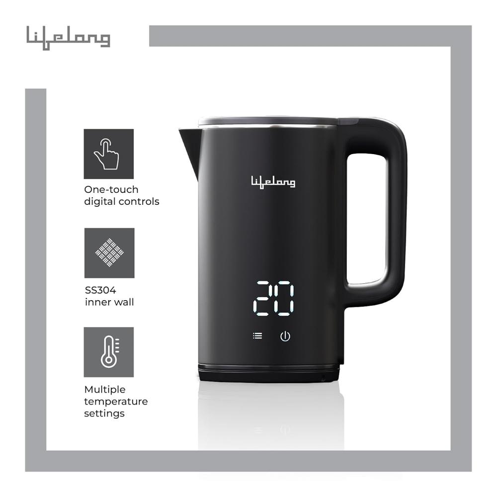 Lifelong Electric Kettle 1.8L | 1350W with 4 Preset Modes & Live Temperature Display |  (Black, LLDEK02)