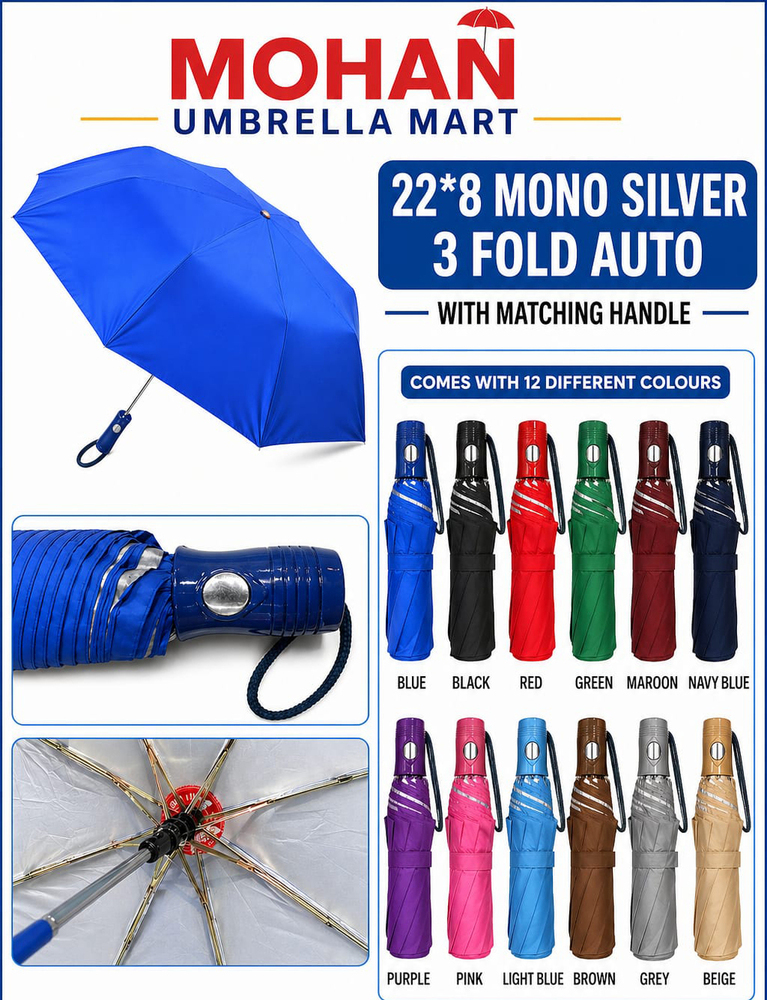22x8 Mono Silver 3 Fold Auto Umbrella - Stainless Steel Ribs, 22 Inch, Silver, Water Repellent, Wind Resistant