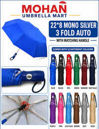 22x8 Mono Silver 3 Fold Auto Umbrella - Stainless Steel Ribs, 22 Inch, Silver, Water Repellent, Wind Resistant
