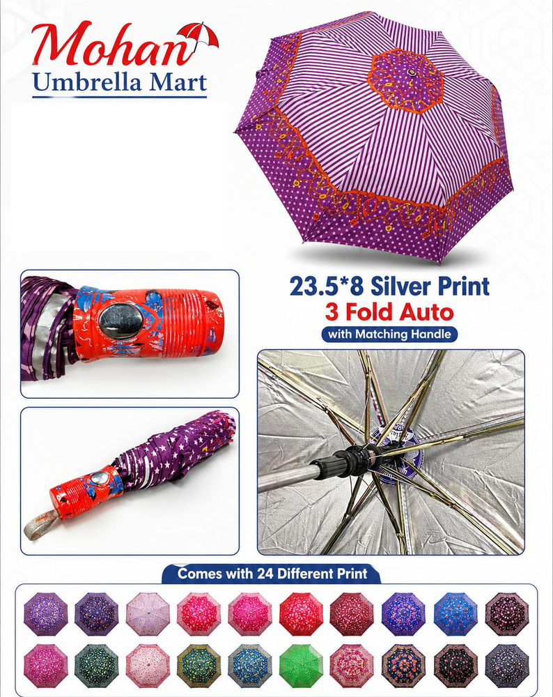 23.5x8 Silver Print 3 Fold Auto Umbrella