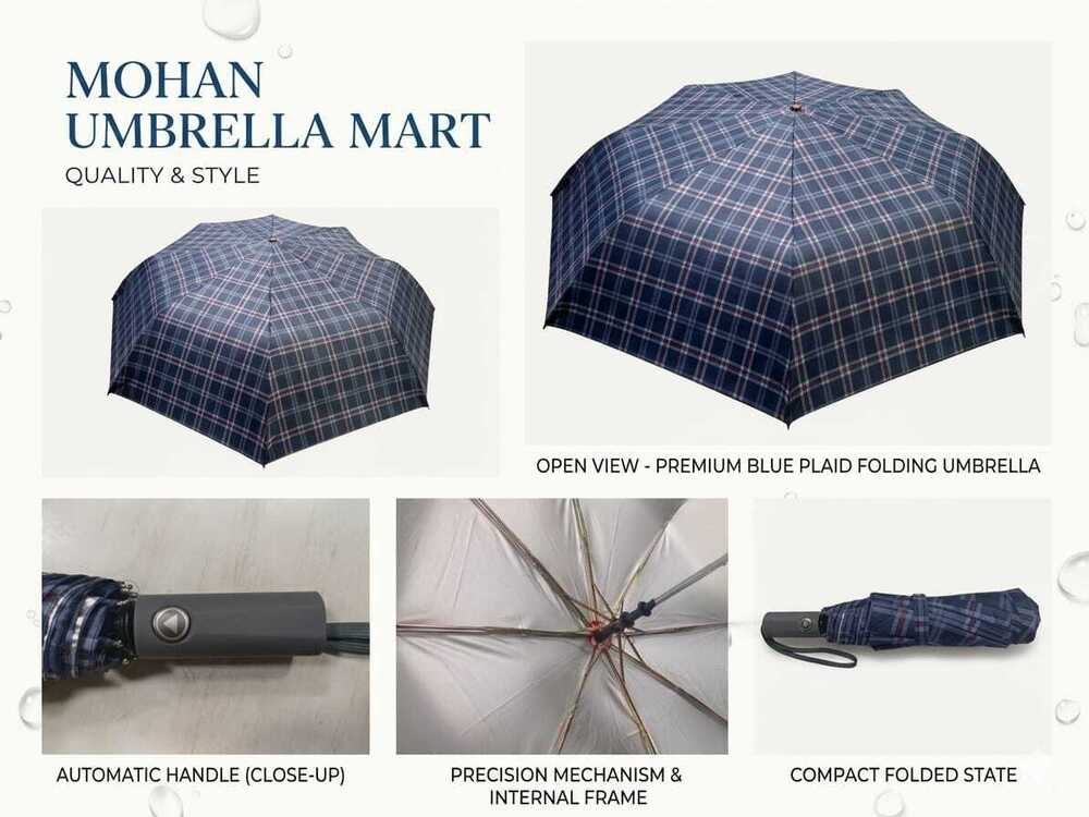 Premium Blue Plaid Folding Umbrella