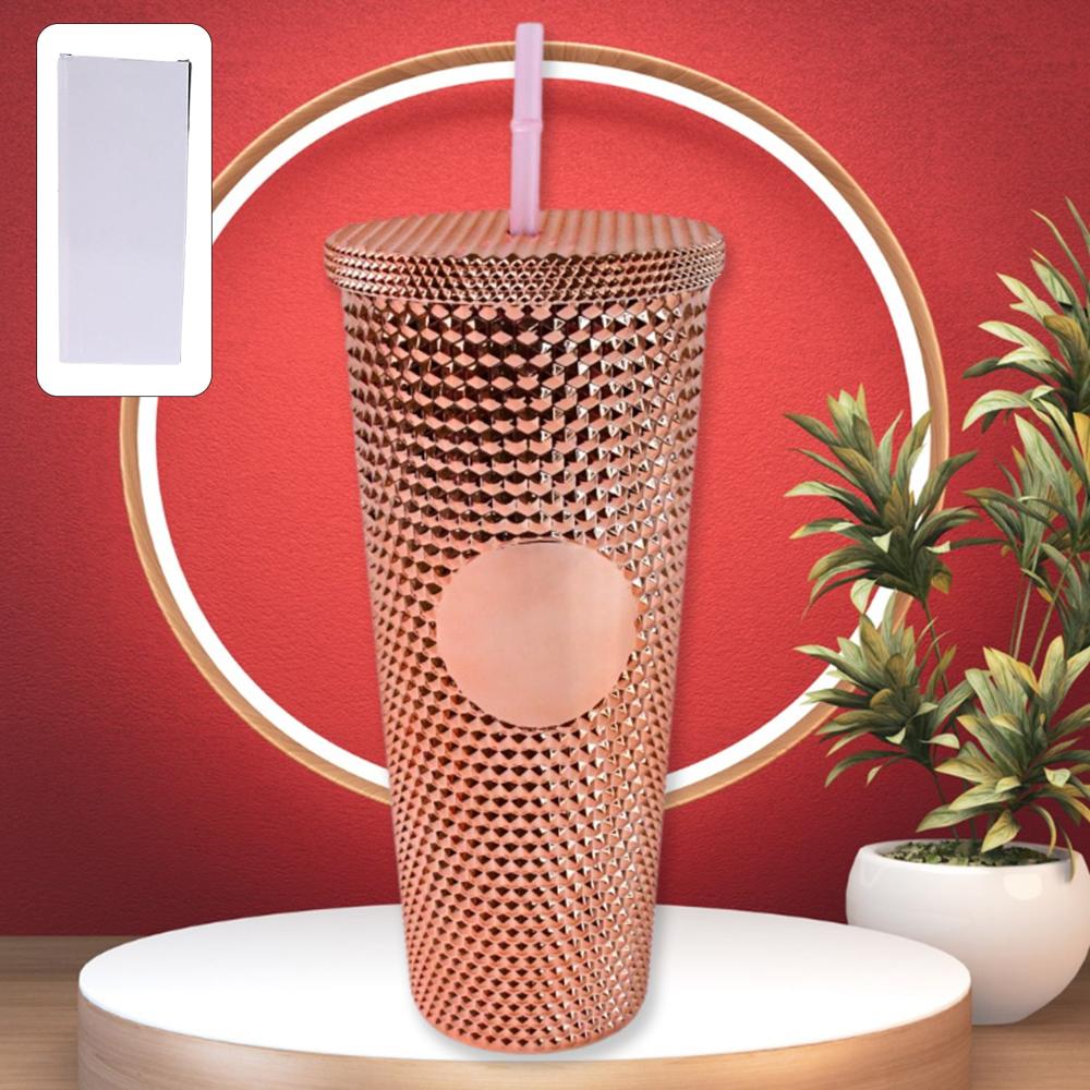 Studded Cup Tumbler Straw Lid - Plastic Double Walled Cold Cup For Iced Coffee - Color: Mix