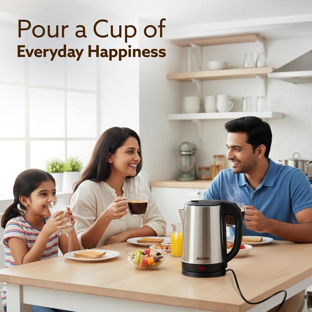 AGARO Sonnet Electric Kettle, 1.5L, 1500W, Stainless Steel Body, Quick Boil, Water Boiler, Hot Water Kettle, For Making Black Tea & Black Coffee,Auto Shut Off, Cool Touch Handle (34207)