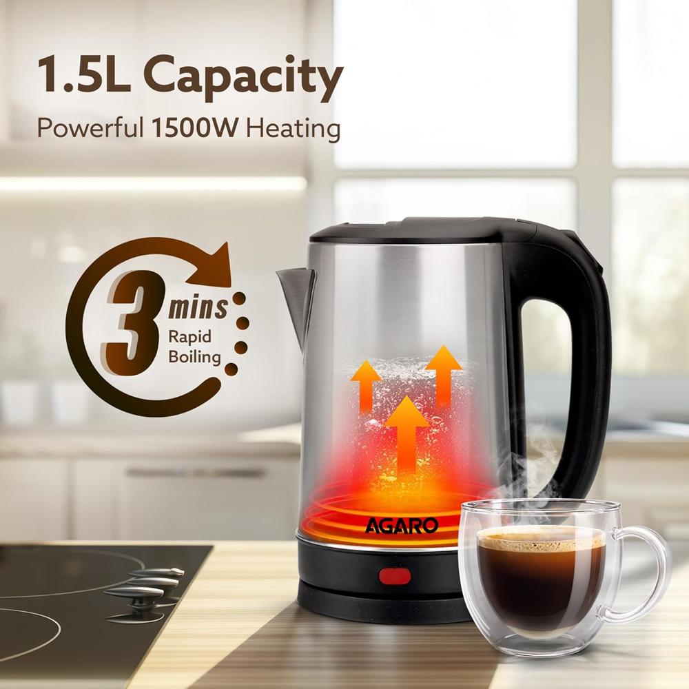 AGARO Sonnet Electric Kettle, 1.5L, 1500W, Stainless Steel Body, Quick Boil, Water Boiler, Hot Water Kettle, For Making Black Tea & Black Coffee,Auto Shut Off, Cool Touch Handle (34207)