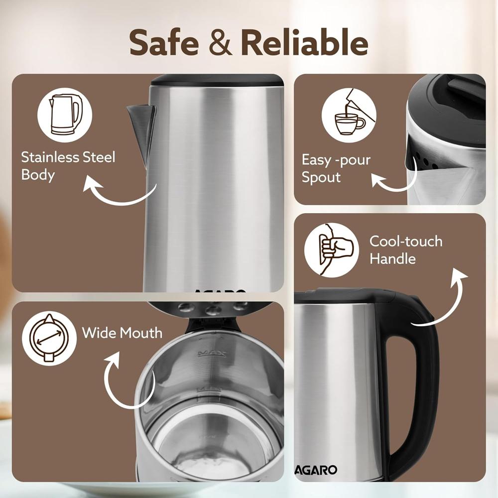AGARO Sonnet Electric Kettle, 1.5L, 1500W, Stainless Steel Body, Quick Boil, Water Boiler, Hot Water Kettle, For Making Black Tea & Black Coffee,Auto Shut Off, Cool Touch Handle (34207)