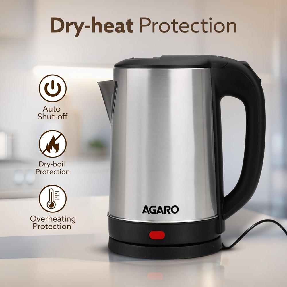 AGARO Sonnet Electric Kettle, 1.5L, 1500W, Stainless Steel Body, Quick Boil, Water Boiler, Hot Water Kettle, For Making Black Tea & Black Coffee,Auto Shut Off, Cool Touch Handle (34207)