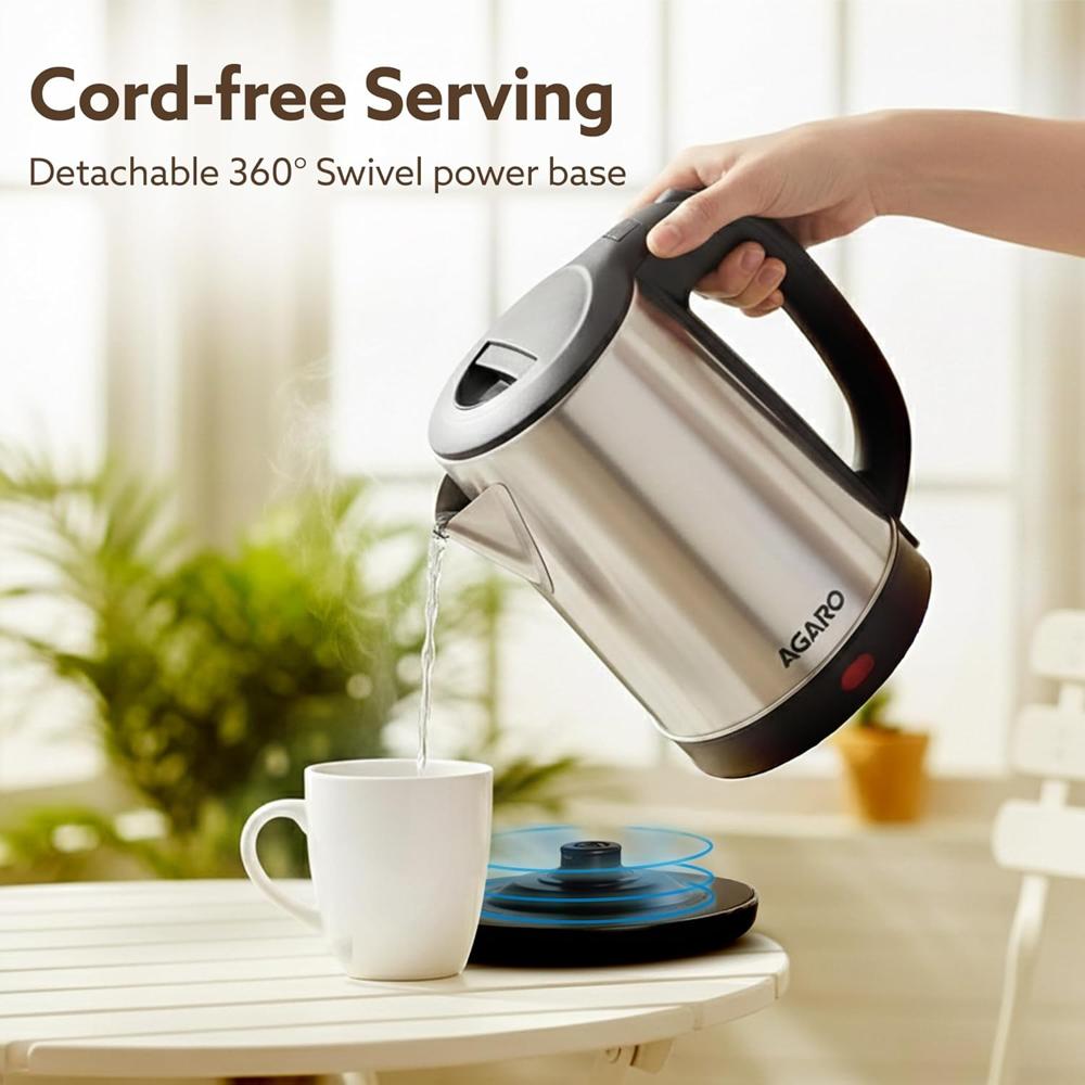 AGARO Sonnet Electric Kettle, 1.5L, 1500W, Stainless Steel Body, Quick Boil, Water Boiler, Hot Water Kettle, For Making Black Tea & Black Coffee,Auto Shut Off, Cool Touch Handle (34207)