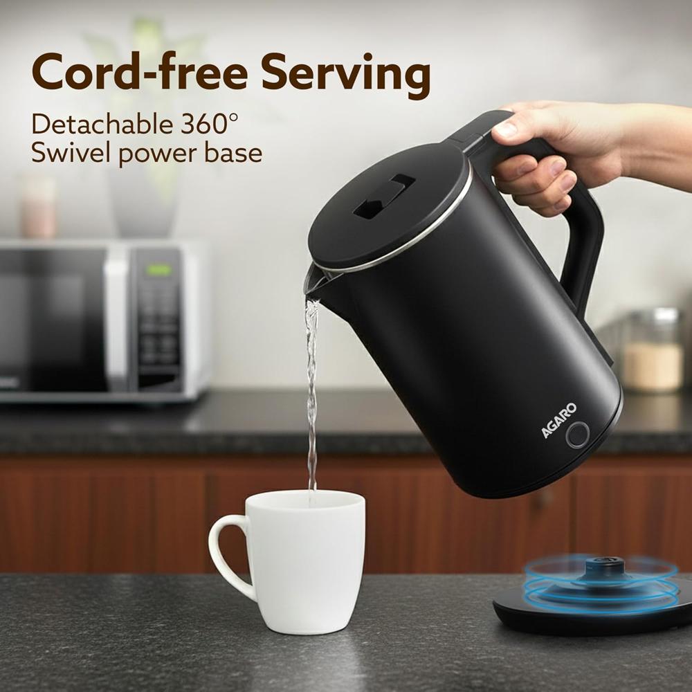 AGARO Elegant Electric Kettle, 1.8L, 1500 (33897) Watt, Double Layered Stainless Steel Inner Body, Quick Boil, Water Boiler, Hot Water Kettle, For Making Black Tea & Black Coffee, Auto Shut Off