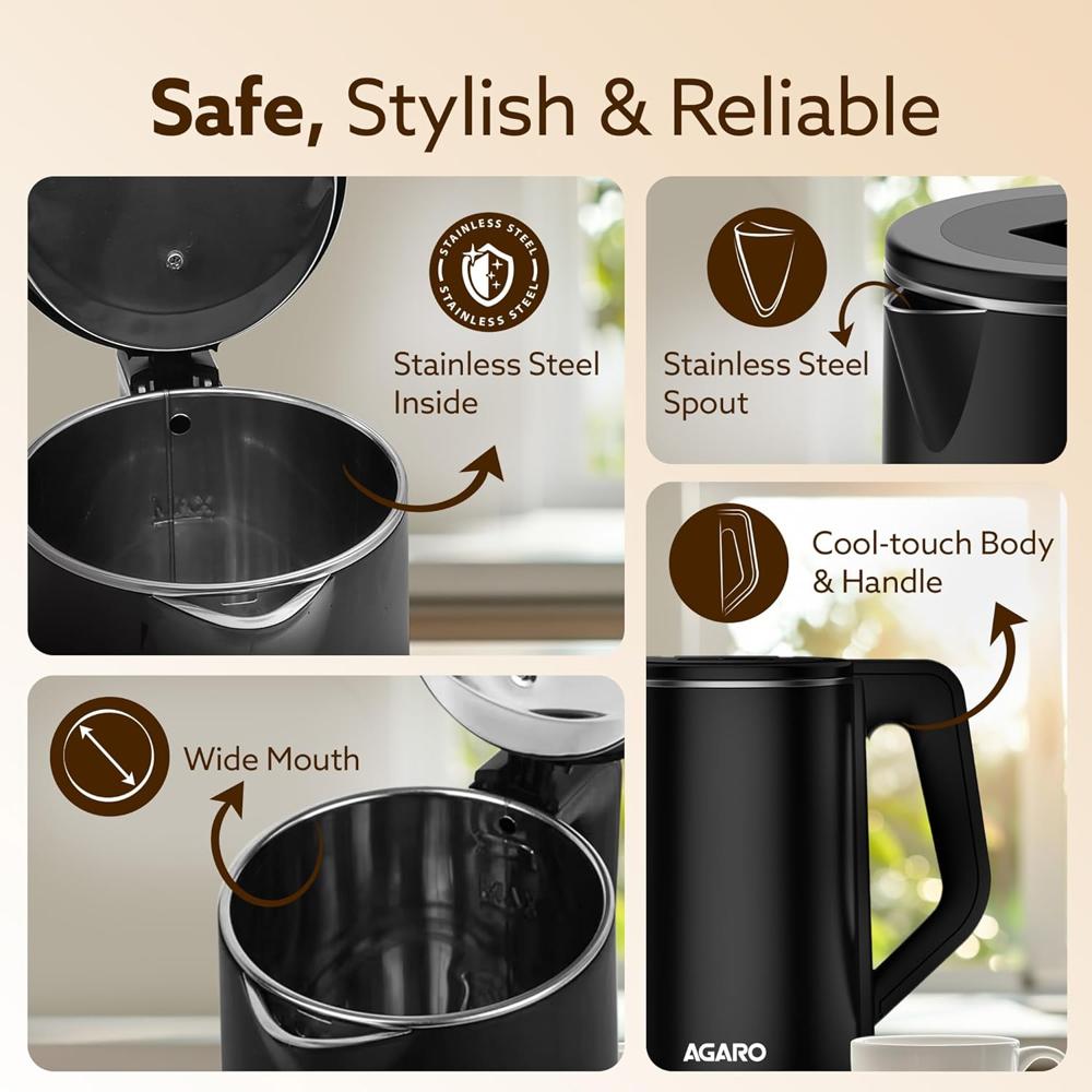 AGARO Elegant Electric Kettle, 1.8L, 1500 (33897) Watt, Double Layered Stainless Steel Inner Body, Quick Boil, Water Boiler, Hot Water Kettle, For Making Black Tea & Black Coffee, Auto Shut Off