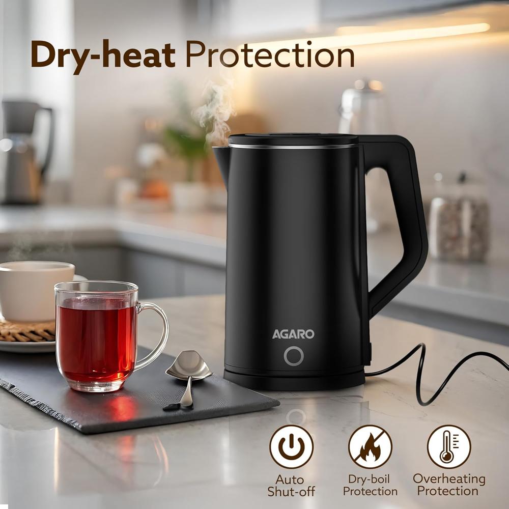 AGARO Elegant Electric Kettle, 1.8L, 1500 (33897) Watt, Double Layered Stainless Steel Inner Body, Quick Boil, Water Boiler, Hot Water Kettle, For Making Black Tea & Black Coffee, Auto Shut Off