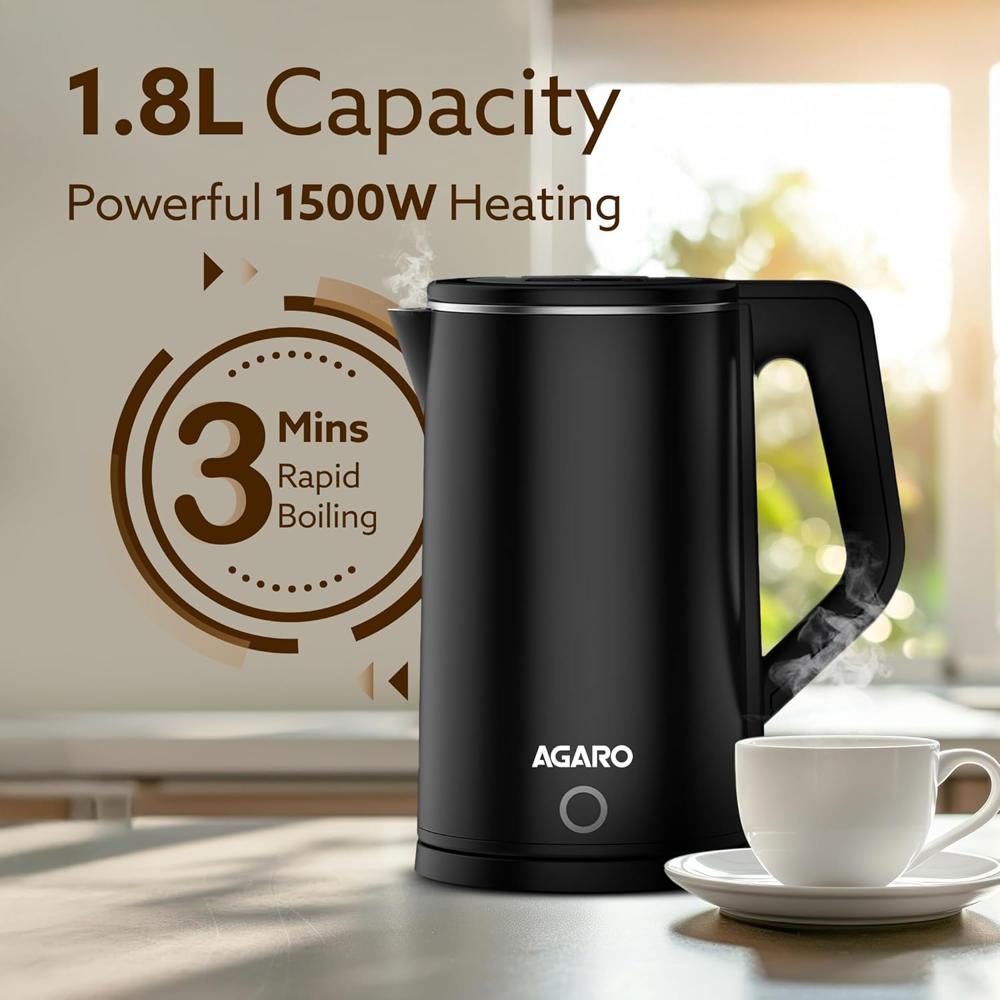 AGARO Elegant Electric Kettle, 1.8L, 1500 (33897) Watt, Double Layered Stainless Steel Inner Body, Quick Boil, Water Boiler, Hot Water Kettle, For Making Black Tea & Black Coffee, Auto Shut Off