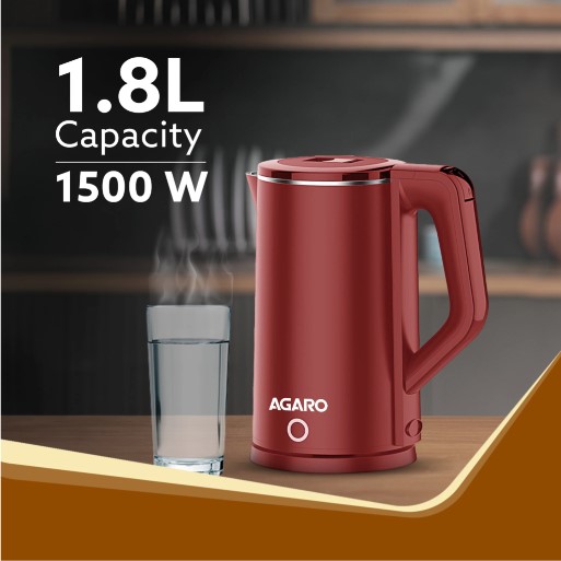 AGARO Elegant Electric Kettle, 1.8L, Double Layered Kettle, Stainless Steel Inner Body Electric Kettle (1.8 L, Red)(33995)
