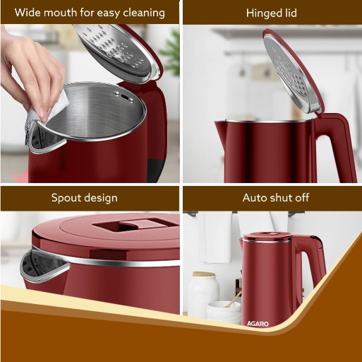 AGARO Elegant Electric Kettle, 1.8L, Double Layered Kettle, Stainless Steel Inner Body Electric Kettle (1.8 L, Red)(33995)