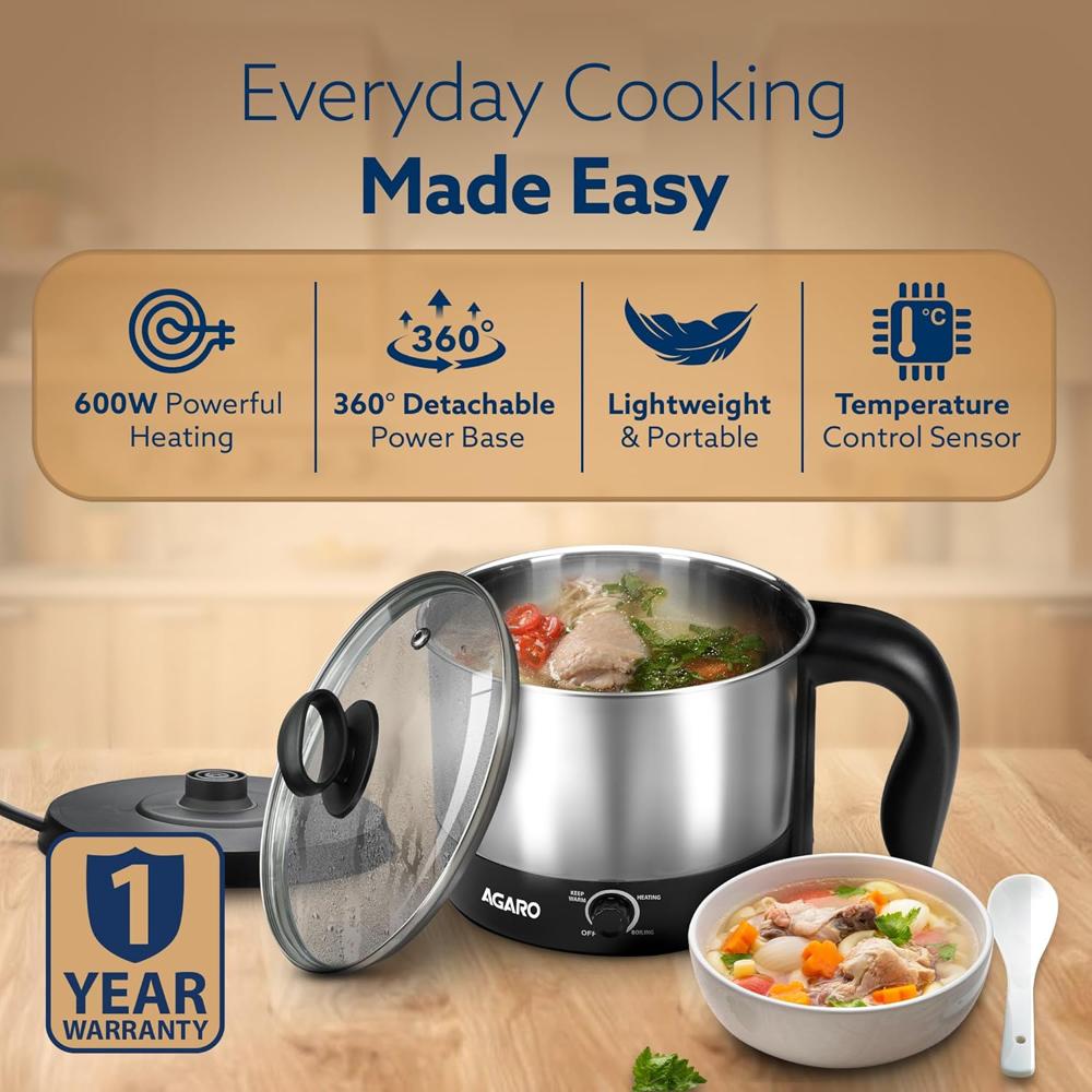 AGARO Esteem Electric Multipurpose Kettle 1.2L, 600W, with Stainless Steel Body, Egg Rack, Grill Rack, 3 Heating Modes  (33333)