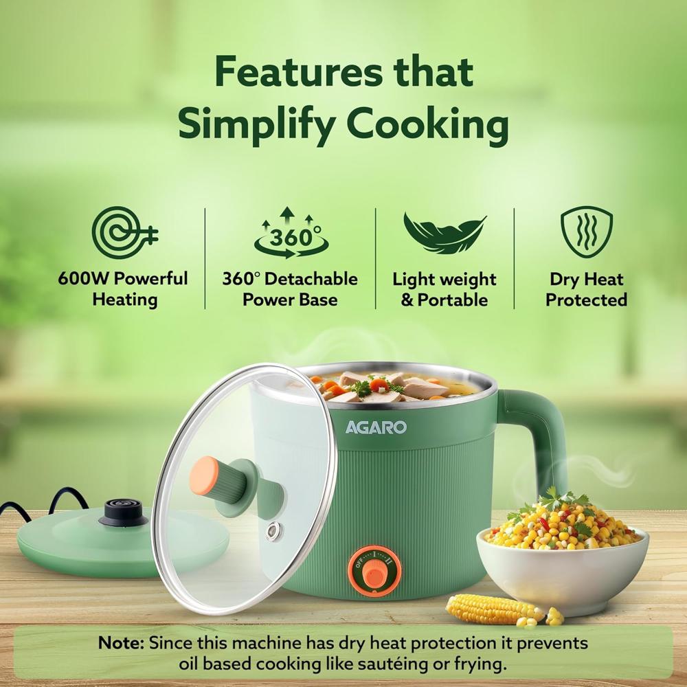 AGARO Regency Multipurpose Kettle With Steamer, 1.2L Inner Pot, Double Layered Body, Variable Temperature Settings, Wide Mouth, Boiling, Steaming, Tea, Coffee, Egg, Vegetable Boiling, 600W, Sea Green(33874)