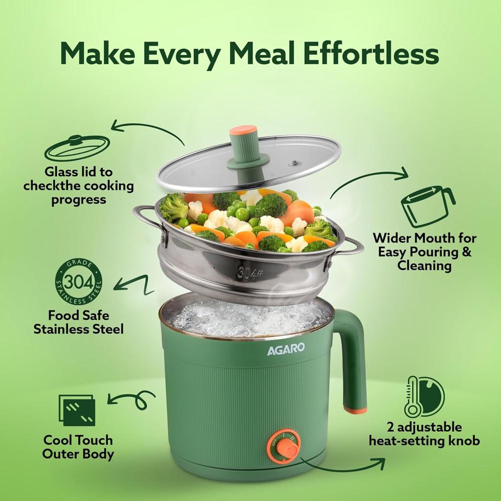 AGARO Regency Multipurpose Kettle With Steamer, 1.2L Inner Pot, Double Layered Body, Variable Temperature Settings, Wide Mouth, Boiling, Steaming, Tea, Coffee, Egg, Vegetable Boiling, 600W, Sea Green(33874)