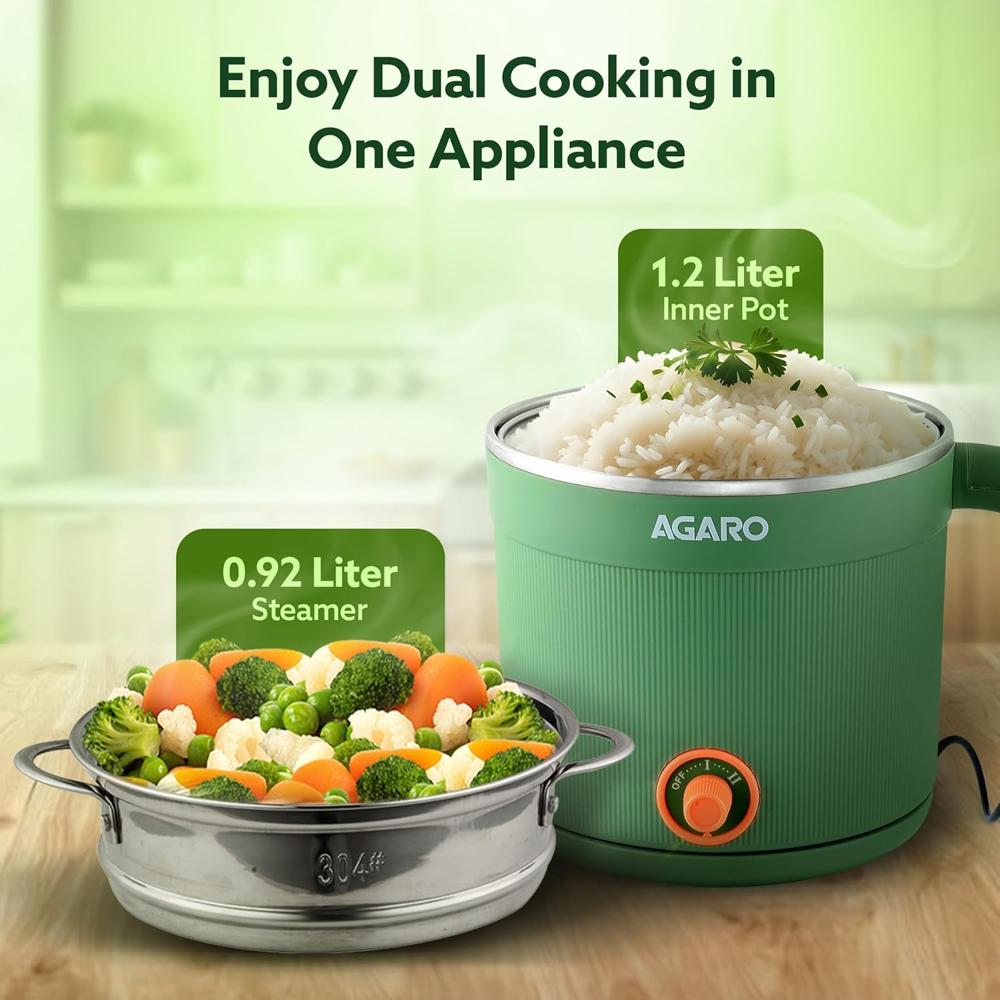 AGARO Regency Multipurpose Kettle With Steamer, 1.2L Inner Pot, Double Layered Body, Variable Temperature Settings, Wide Mouth, Boiling, Steaming, Tea, Coffee, Egg, Vegetable Boiling, 600W, Sea Green(33874)