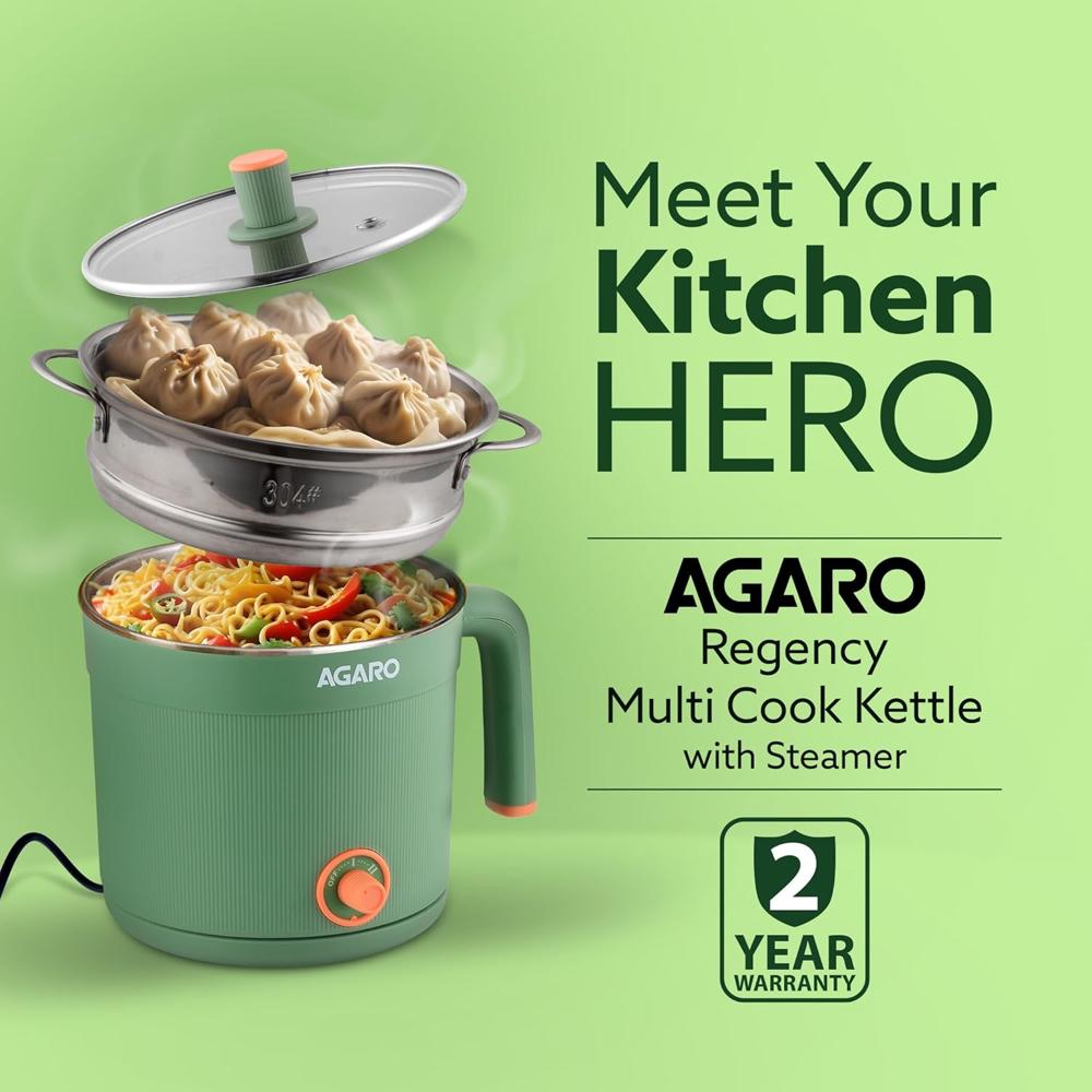 AGARO Regency Multipurpose Kettle With Steamer, 1.2L Inner Pot, Double Layered Body, Variable Temperature Settings, Wide Mouth, Boiling, Steaming, Tea, Coffee, Egg, Vegetable Boiling, 600W, Sea Green(33874)
