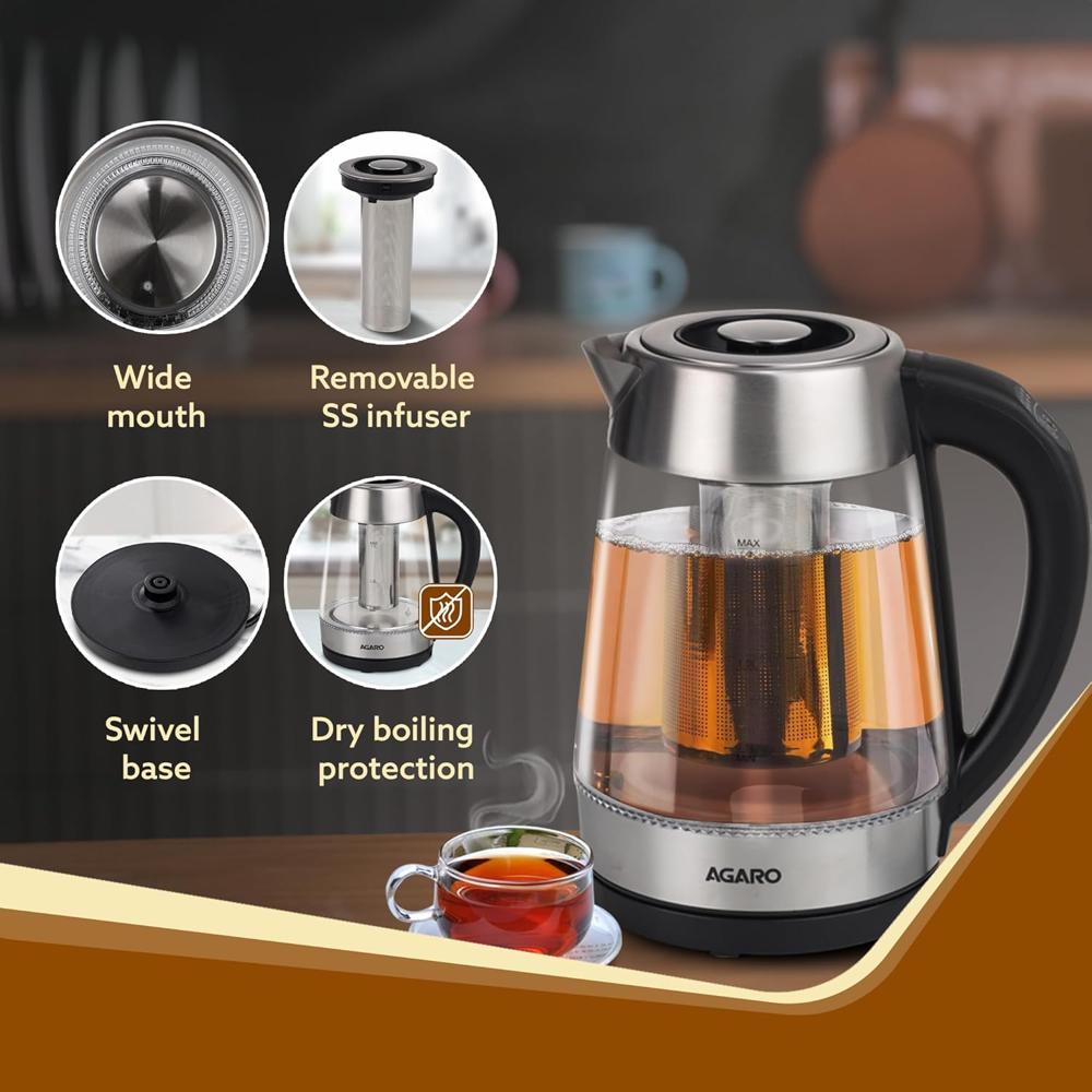 AGARO Supreme Electric Glass Kettle With Tea & Coffee Infuser, 1.7L, Borosilicate Glass Body (33899)