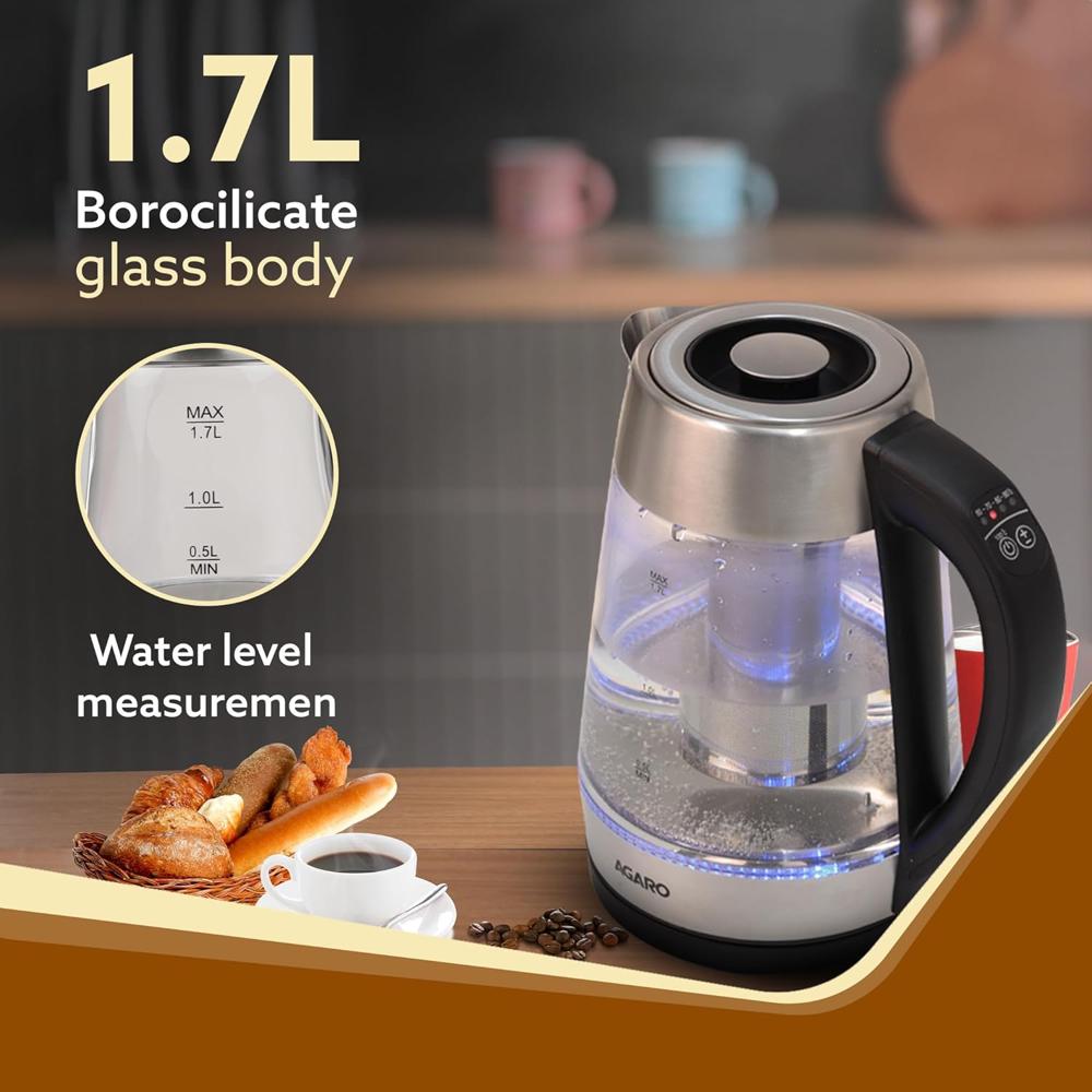 AGARO Supreme Electric Glass Kettle With Tea & Coffee Infuser, 1.7L, Borosilicate Glass Body (33899)
