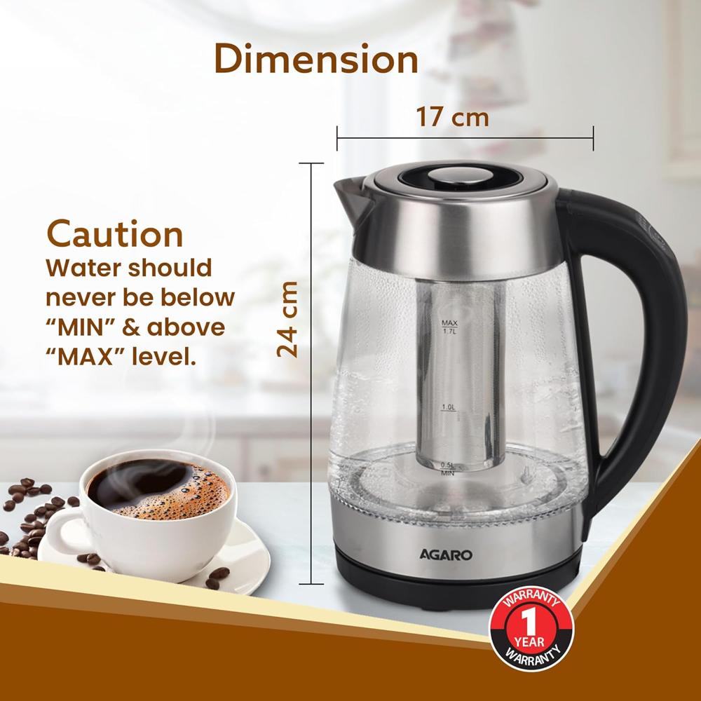 AGARO Supreme Electric Glass Kettle With Tea & Coffee Infuser, 1.7L, Borosilicate Glass Body (33899)