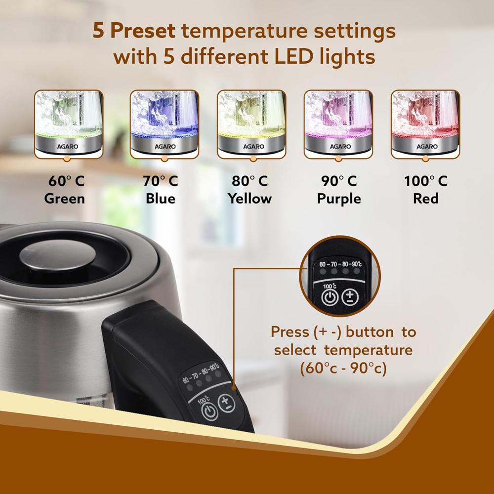 AGARO Supreme Electric Glass Kettle With Tea & Coffee Infuser, 1.7L, Borosilicate Glass Body (33899)