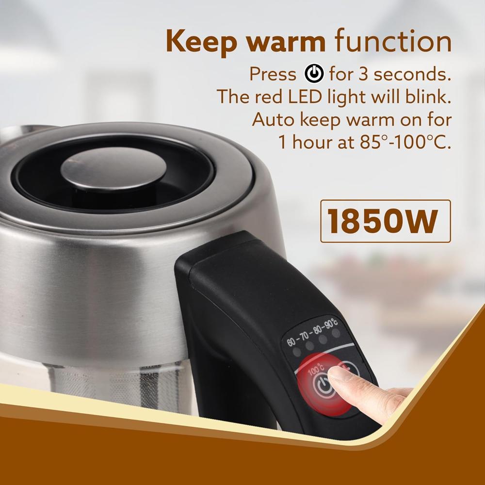 AGARO Supreme Electric Glass Kettle With Tea & Coffee Infuser, 1.7L, Borosilicate Glass Body (33899)