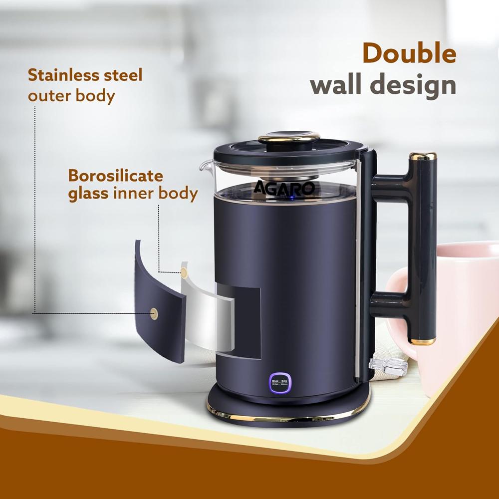 AGARO Regal Electric Kettle with Keep Warm Function, Stainless Steel & Glass body(33955)