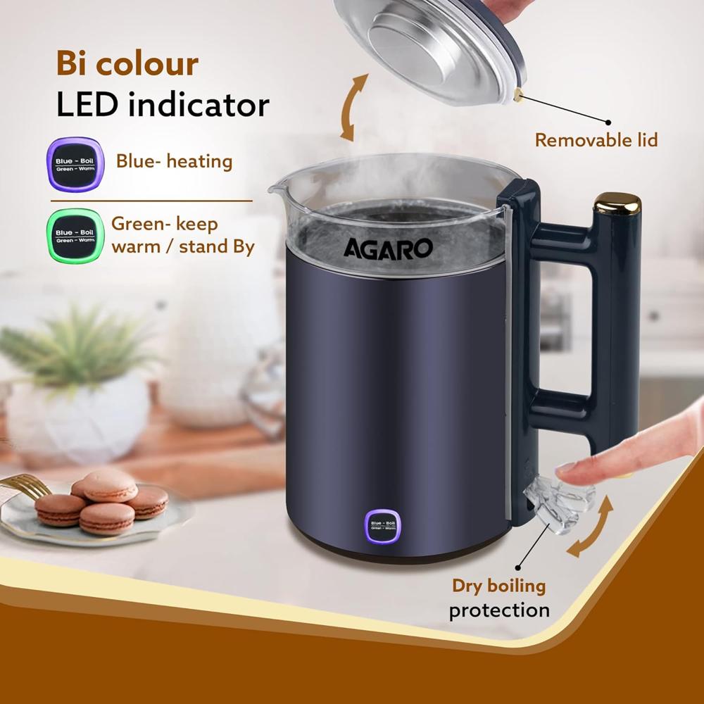 AGARO Regal Electric Kettle with Keep Warm Function, Stainless Steel & Glass body(33955)