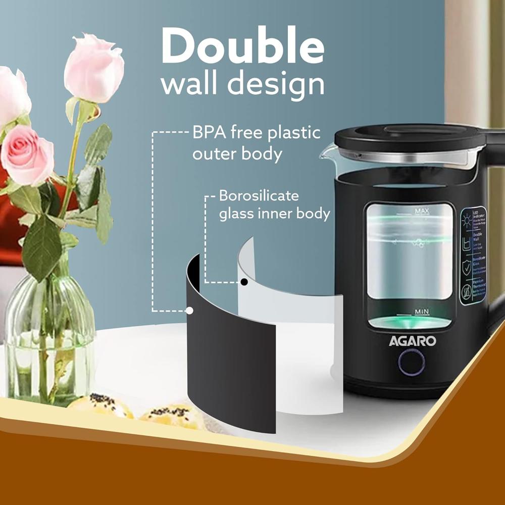 AGARO Galaxy Electric Kettle with Keep Warm Function, BPA Free PP Plastic & Glass body(33956)