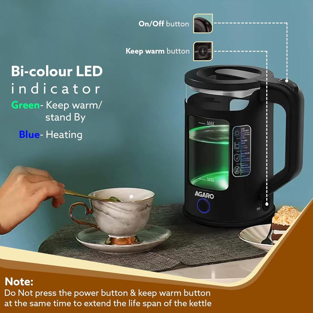 AGARO Galaxy Electric Kettle with Keep Warm Function, BPA Free PP Plastic & Glass body(33956)