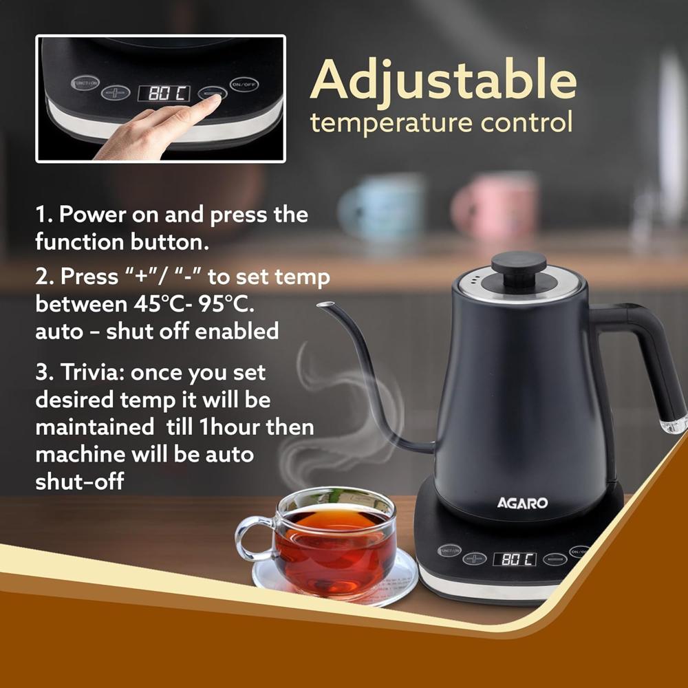 AGARO Grand Electric Goose Neck Kettle, 800ml, Adjustable Temperature Settings, Keep Warm Function, Fast Boiling(33900)