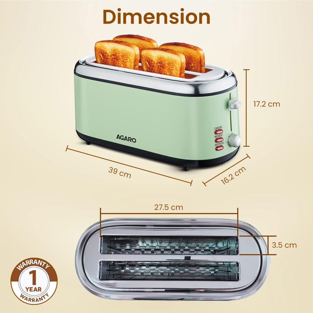 AGARO Royal 4 Slice Stainless Steel Pop Up Toaster, With Cancel, Reheat And Defrost Functions, (33776)