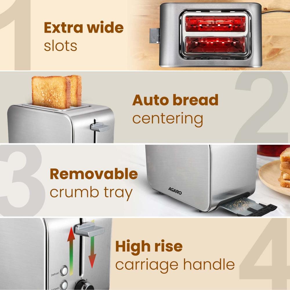 AGARO GRAND 2 Slice Stainless Steel Pop Up Toaster, With Cancel, Reheat And Defrost Functions,(