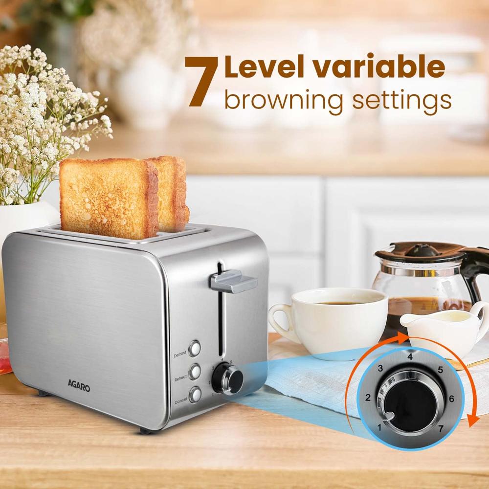 AGARO GRAND 2 Slice Stainless Steel Pop Up Toaster, With Cancel, Reheat And Defrost Functions,(