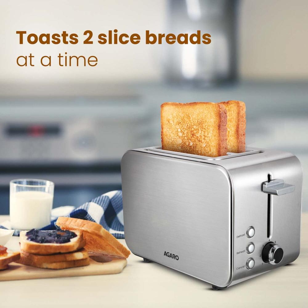 AGARO GRAND 2 Slice Stainless Steel Pop Up Toaster, With Cancel, Reheat And Defrost Functions,(