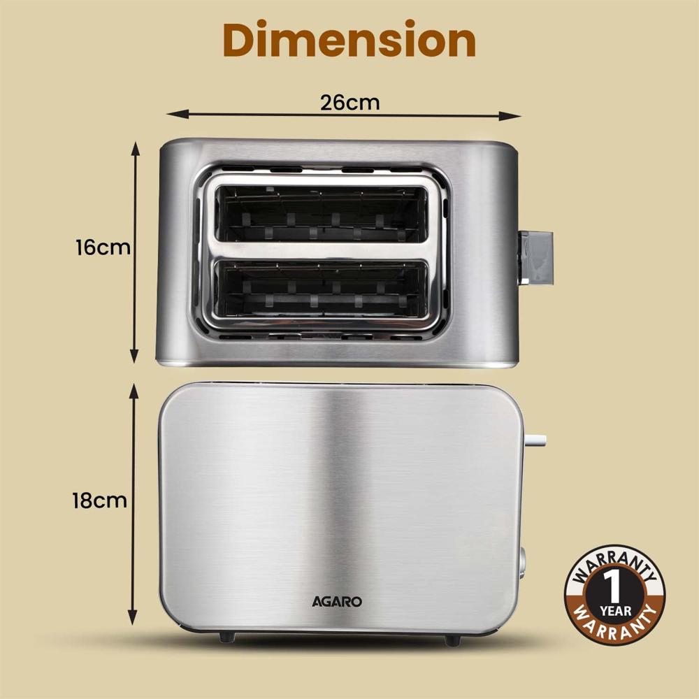 AGARO GRAND 2 Slice Stainless Steel Pop Up Toaster, With Cancel, Reheat And Defrost Functions,(