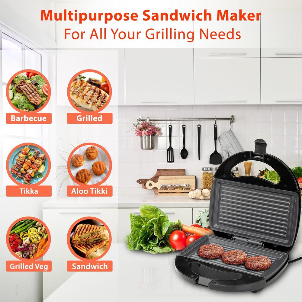 AGARO ELITE 750 Watt Sandwich/Panini Maker with Non-Stick Grill Plates - Steel (33508)