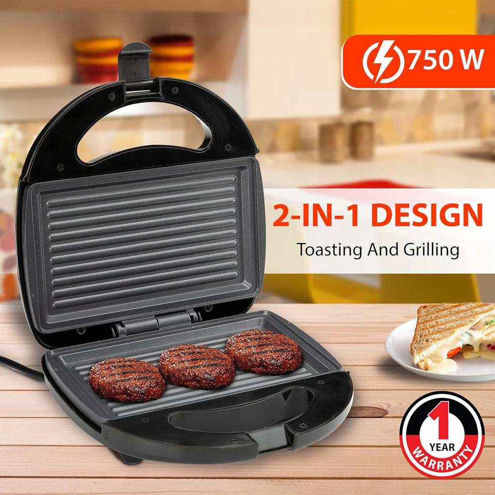 AGARO ELITE 750 Watt Sandwich/Panini Maker with Non-Stick Grill Plates - Steel (33508)