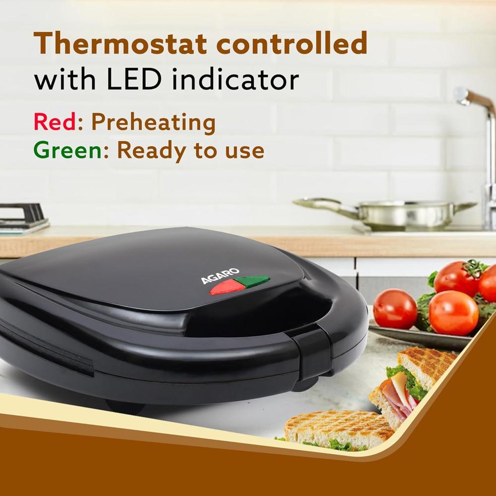 AGARO Delite Sandwich Maker, 750W, 4 Slice Non Stick Grill Plate, Power Indicator, Oil Free Toasting, Grilling(34048)