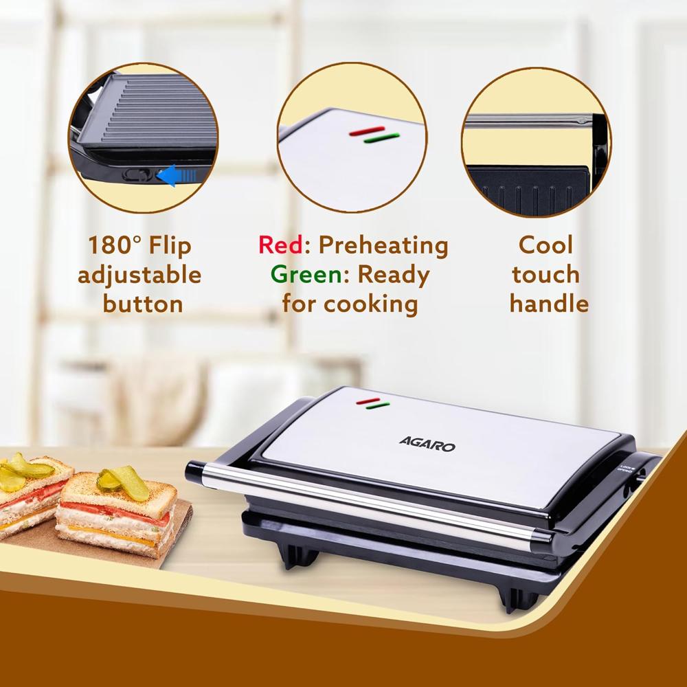 AGARO Deluxe 750 Watts Sandwich/Panini Maker With Non-Stick Grill Plates (33506)