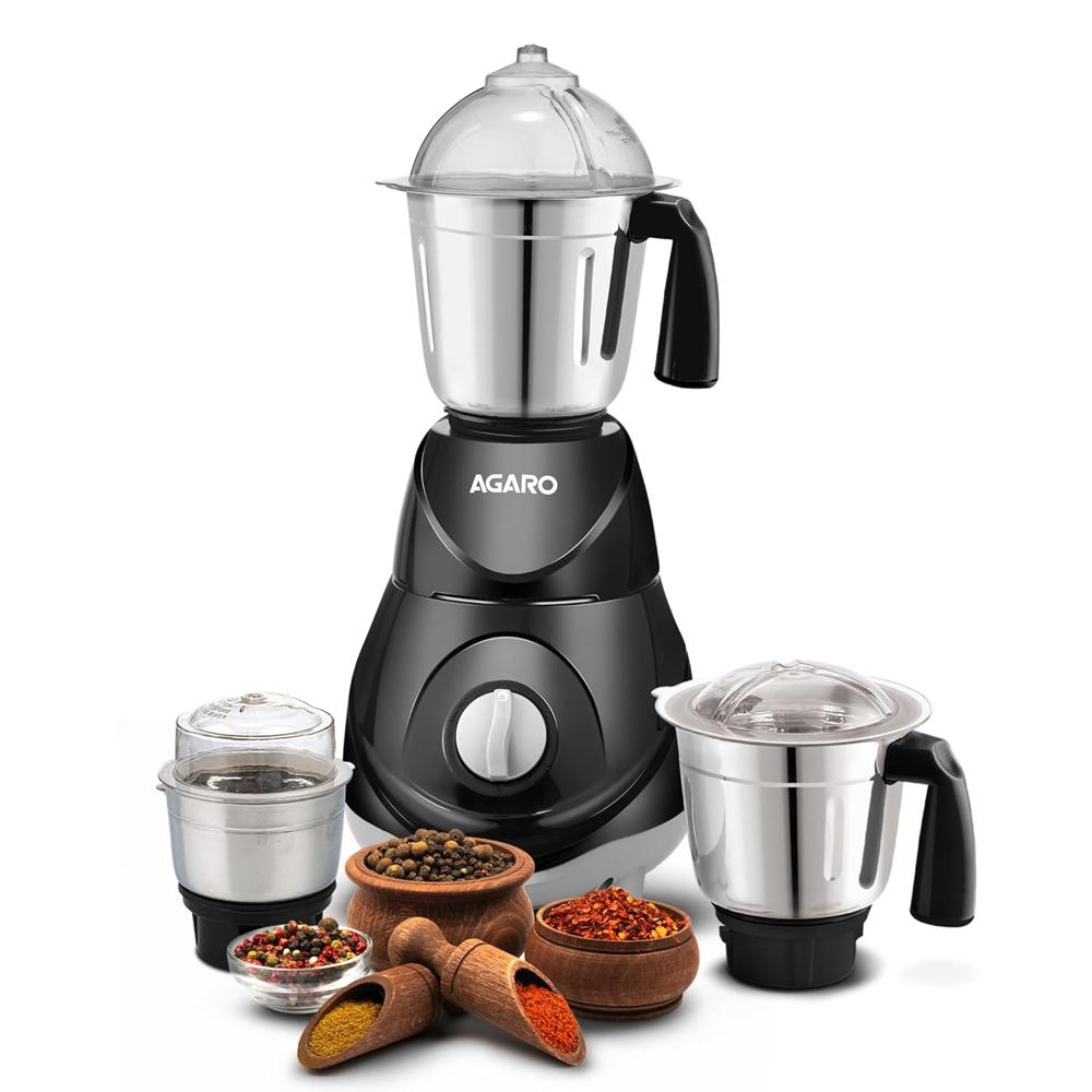 Agaro Elite Mixer Grinder 550w, 100% Copper Motor, 3 Stainless Steel Jar, 3 Speed, Whip Function (34278) - Color: Black