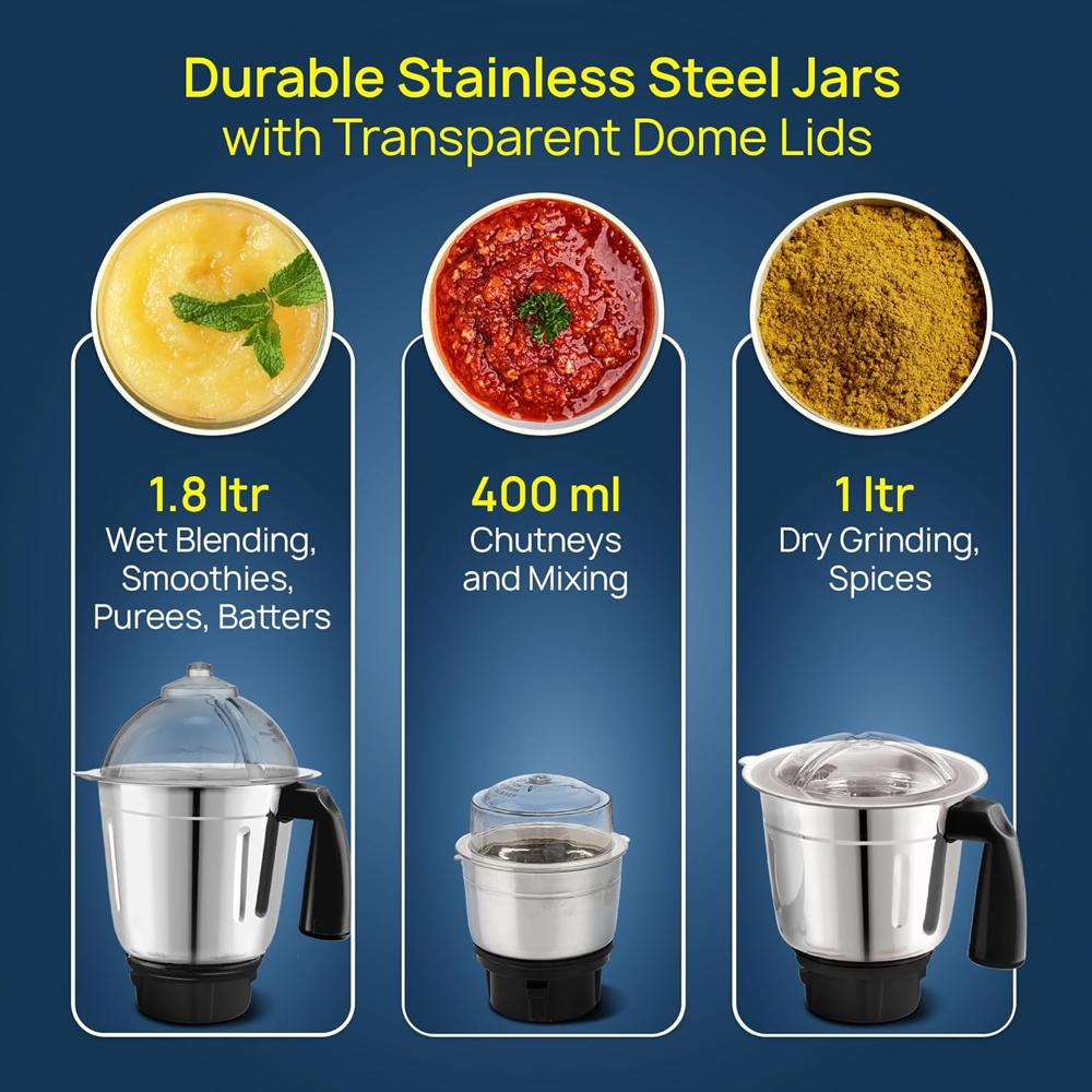 AGARO Elite Mixer Grinder 550W, 100% Copper Motor, 3 Stainless Steel Jar, 3 Speed, Whip Function (34278)